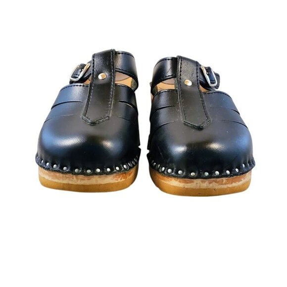 Troentorp Swedish Leather Clogs Black Cut-Out Wood Sole Sandals Size 36 - Picture 5 of 10